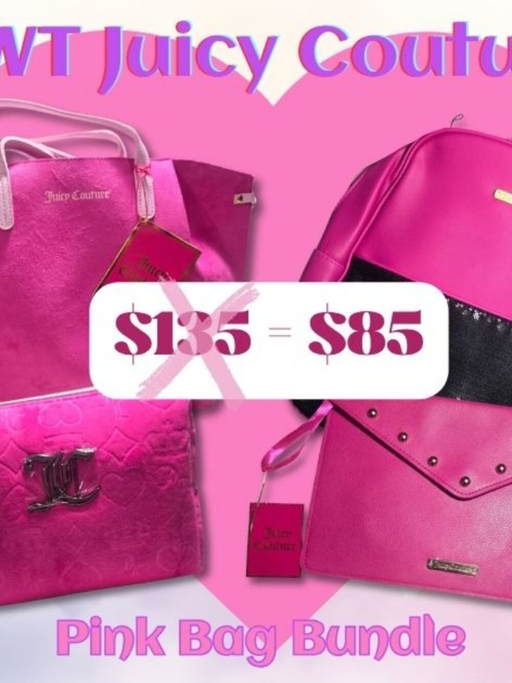 NWT Juicy Couture Hot Pink 4-Piece Set: Backpack, Suede Tote, Studded Clutch